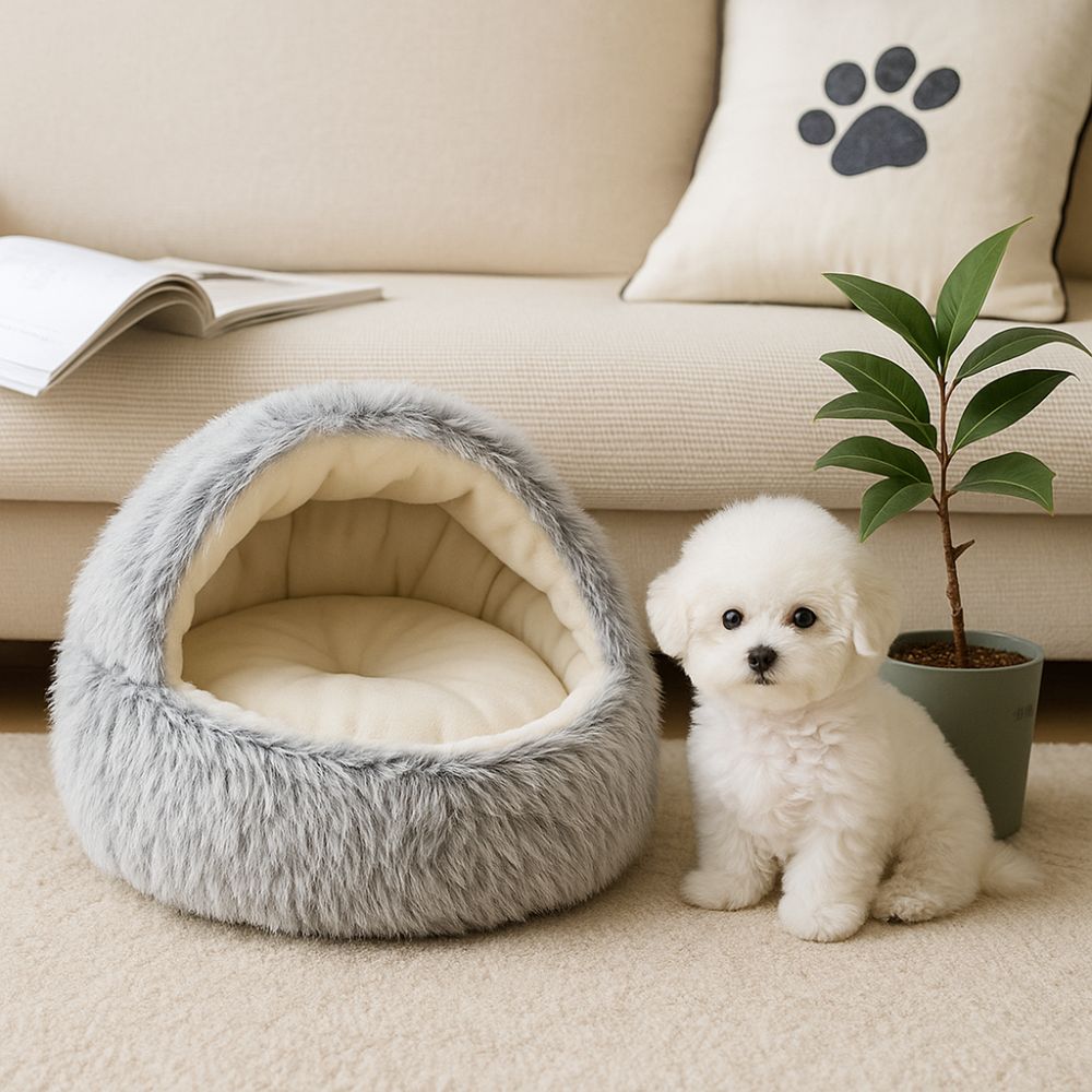Bichon assis prĂšs dâun panier pour chien exposĂ©, ambiance cosy