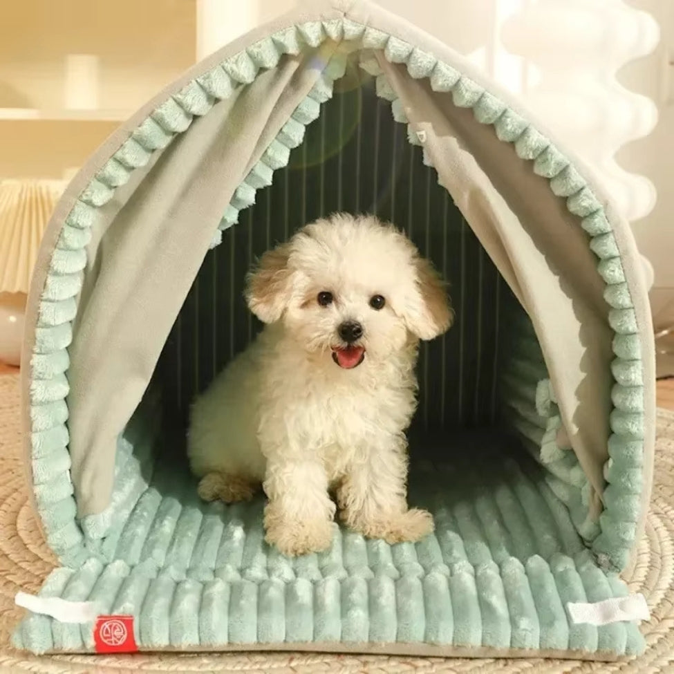 Petit bichon attendant sagement dans sa niche pour chien intérieur