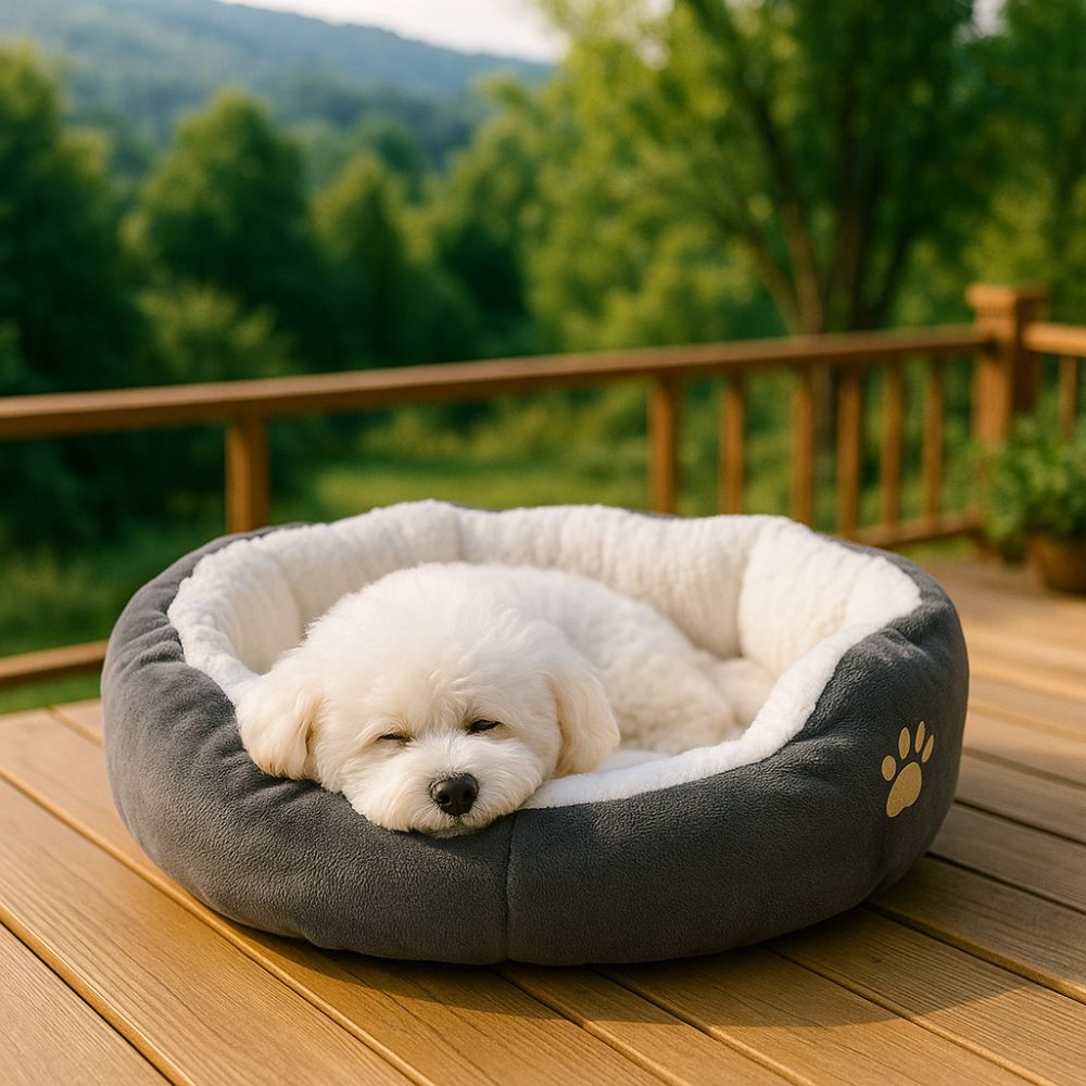 Bichon dort paisiblement dans un panier pour chien gris sur terrasse nature