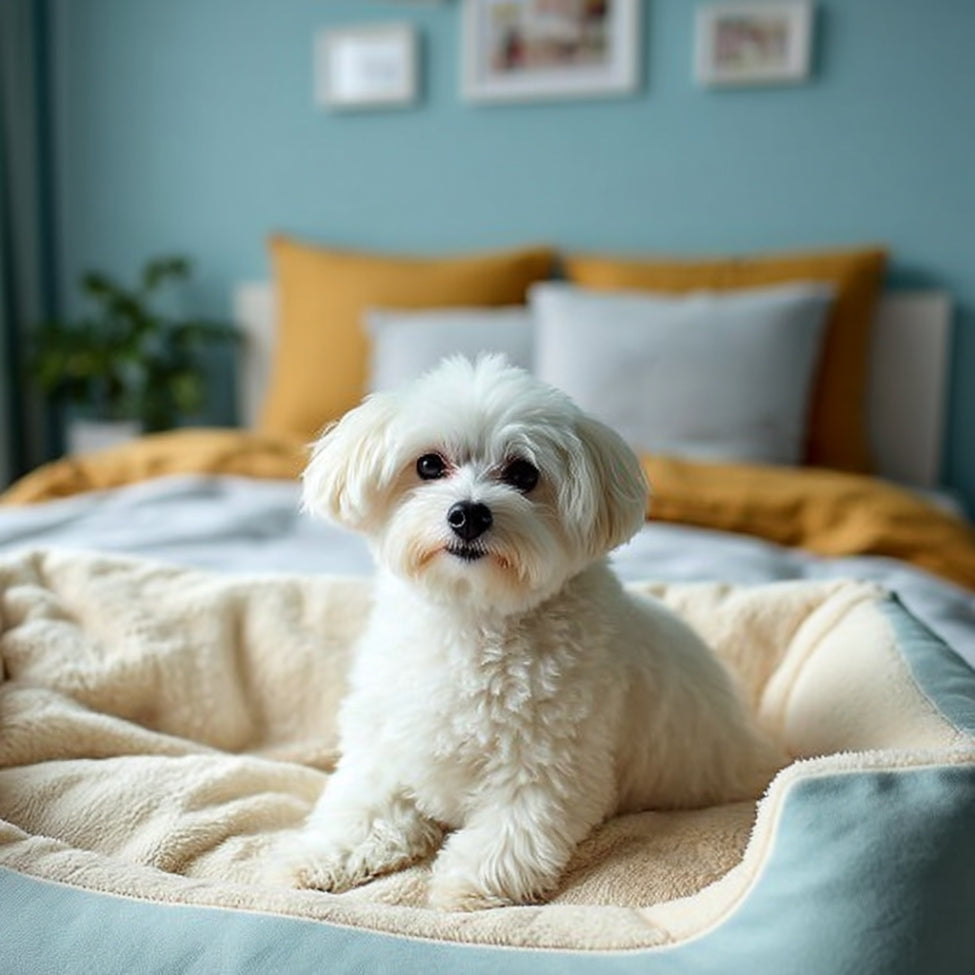 Bichon observe calmement depuis son lit pour chien moelleux, antiâstress