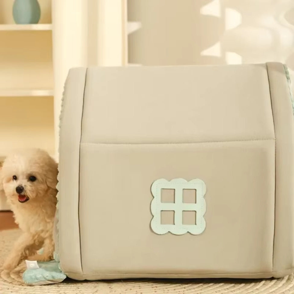 Chiot bichon qui sort de sa niche pour chien intérieur