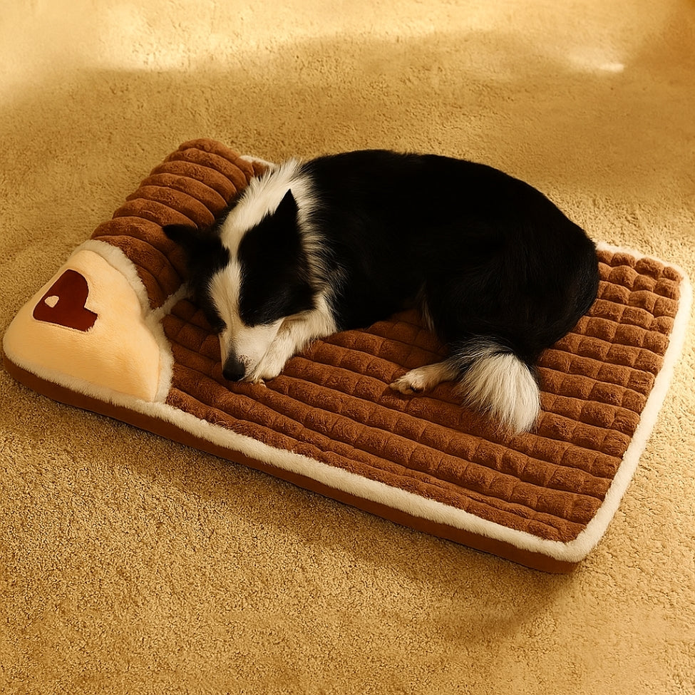 Border collie roulé en boule, dort sur son lit pour chien