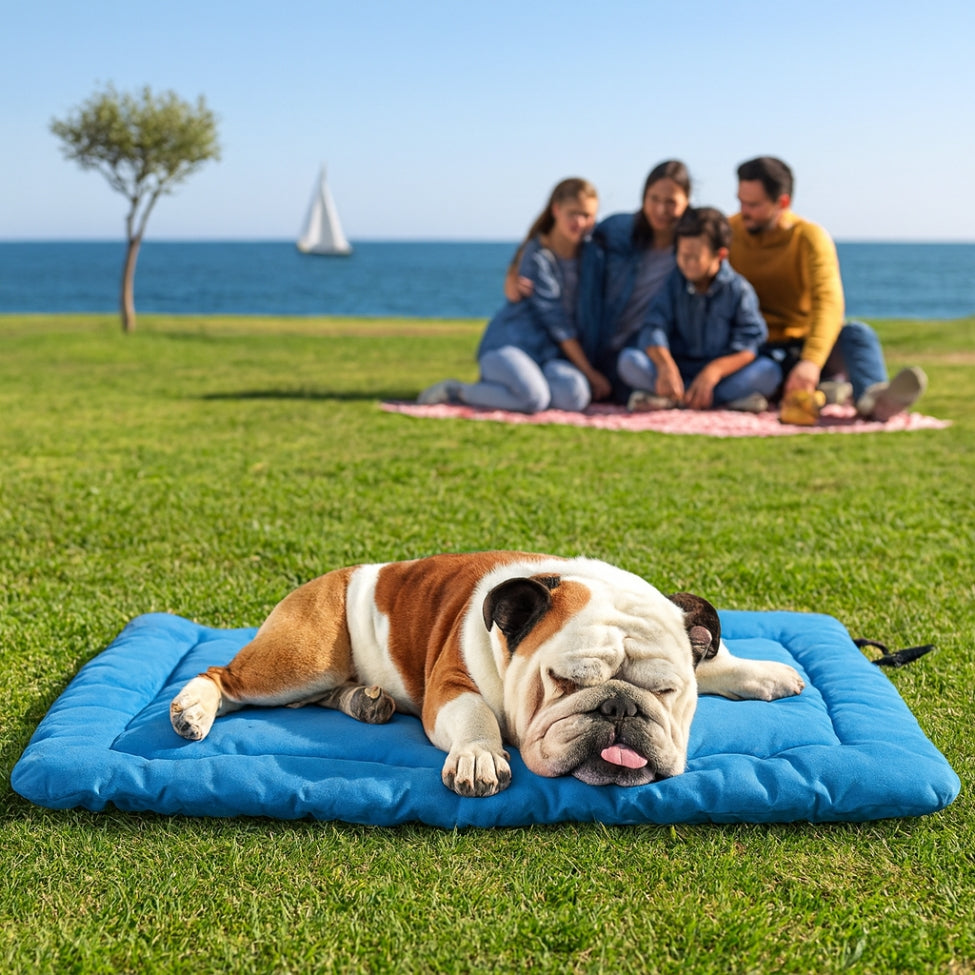 Bouledogue endormi sur matelas pour chien, famille en arriĂšre-plan