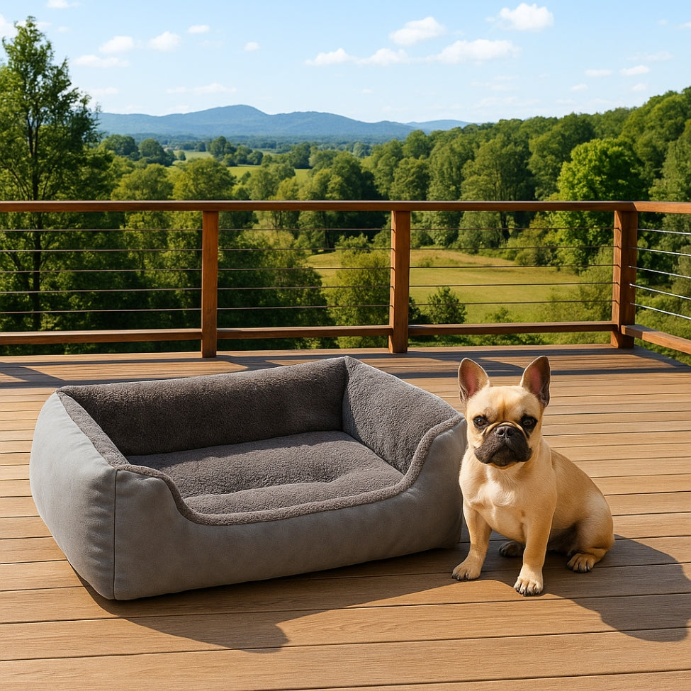 Bouledogue fier de son lit pour chien gris sur la terrasse, usage extérieur abrité