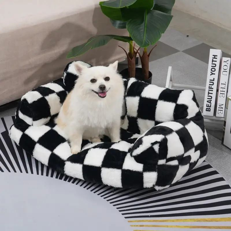 Spitz assis calmement sur un canapé pour chien moelleux et accueillant