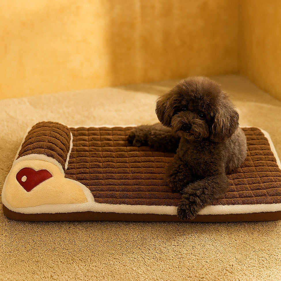 Caniche installé paisiblement sur son lit pour chien, regarde tout droit