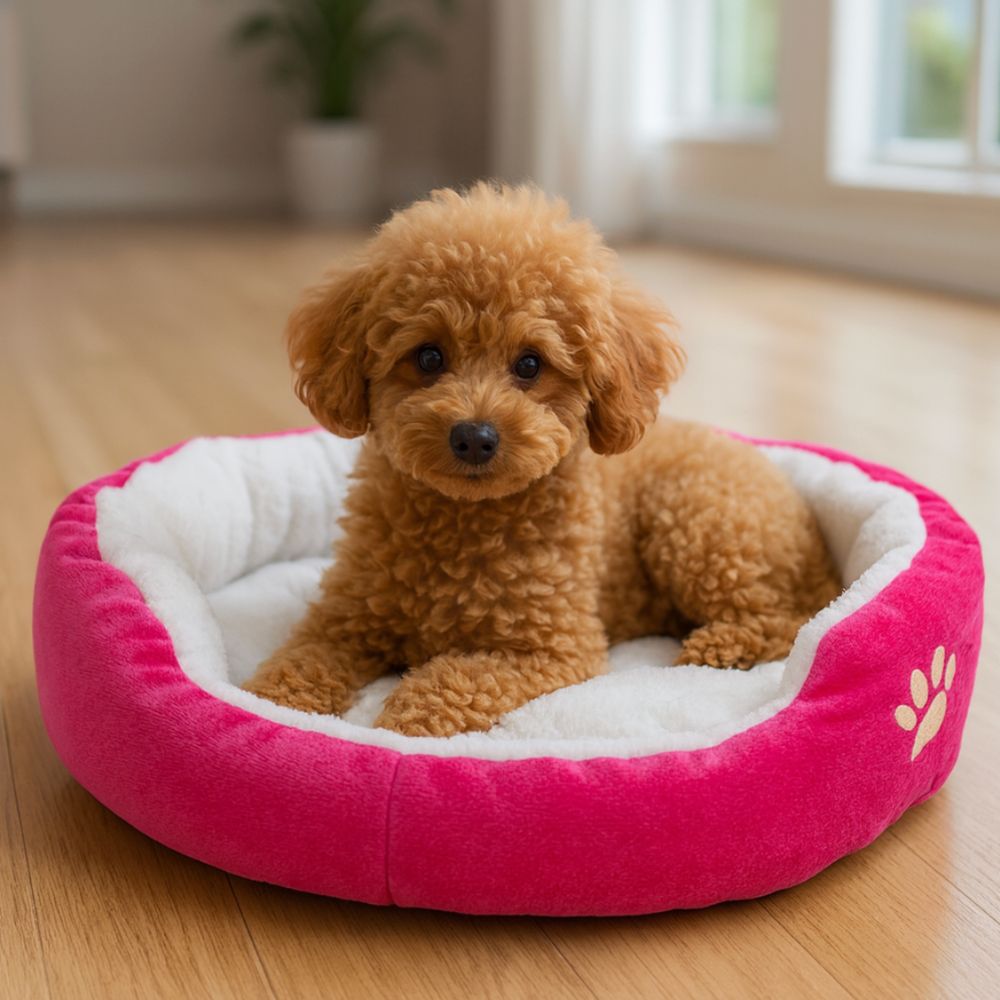 Petit caniche installé dans un panier pour chien rose, salon ensoleillé