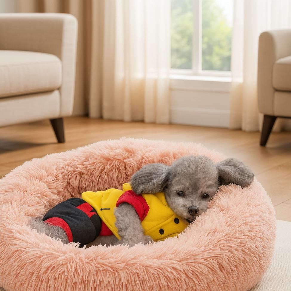 Un petit caniche somnole dans son coussin chien relaxant