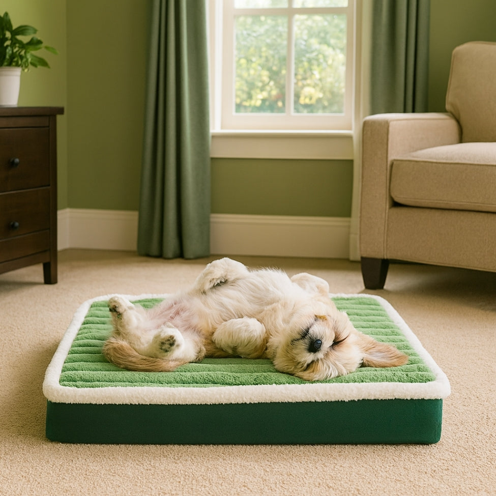 Chien dort sur un matelas orthopédique chien, ses quatre pattes en l'air