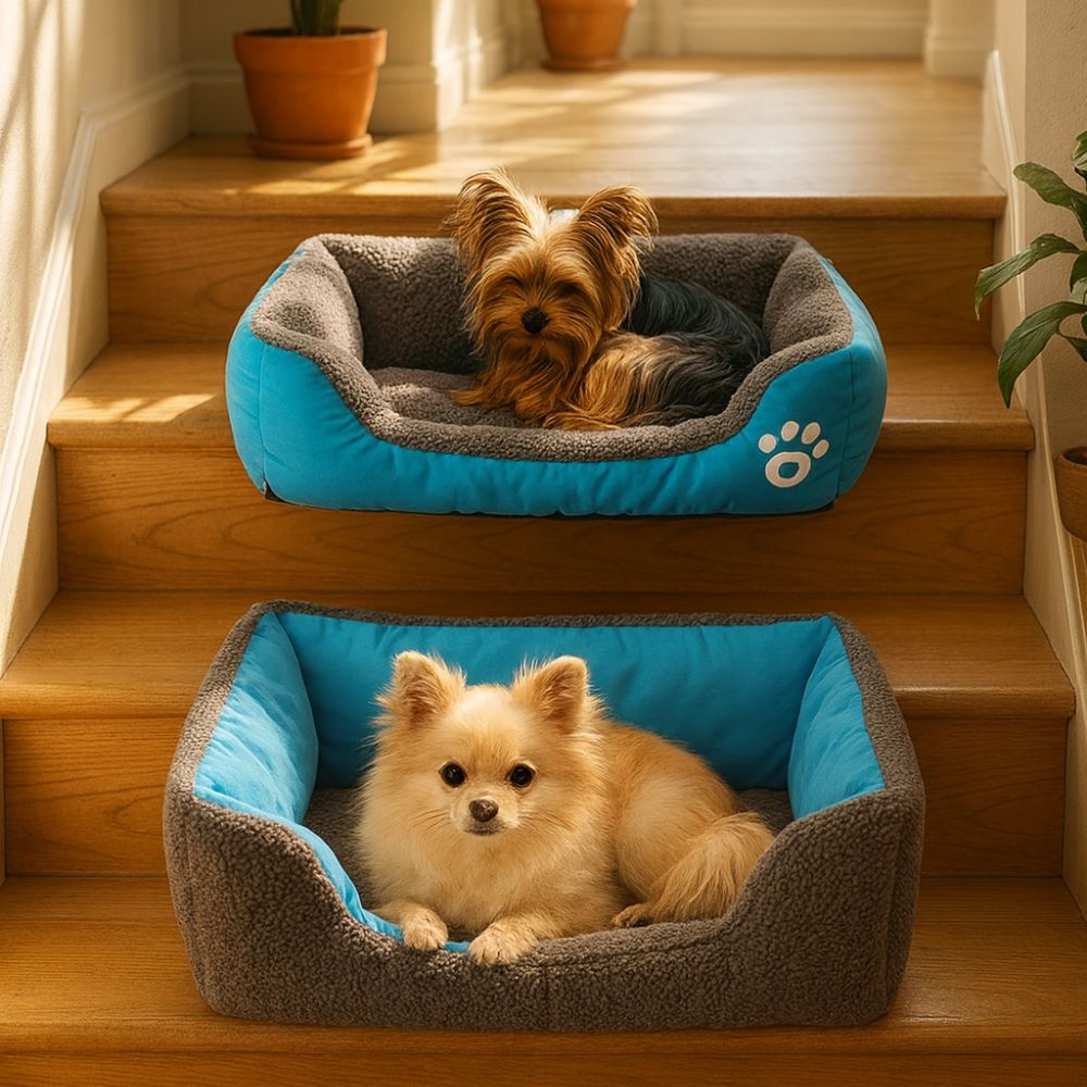Sur des escaliers, chihuahua et yorkshire dans un panier chien réversible, fourrure ou Oxford