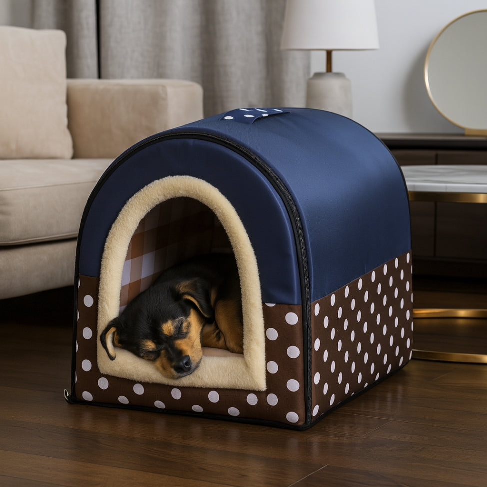 Chiot dormant paisiblement dans une niche pour chien intérieur