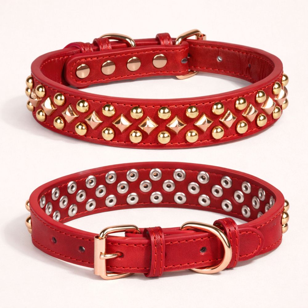 Collier chien à rivets rouge épais et solide, cuir robuste pour chien moyen à grand