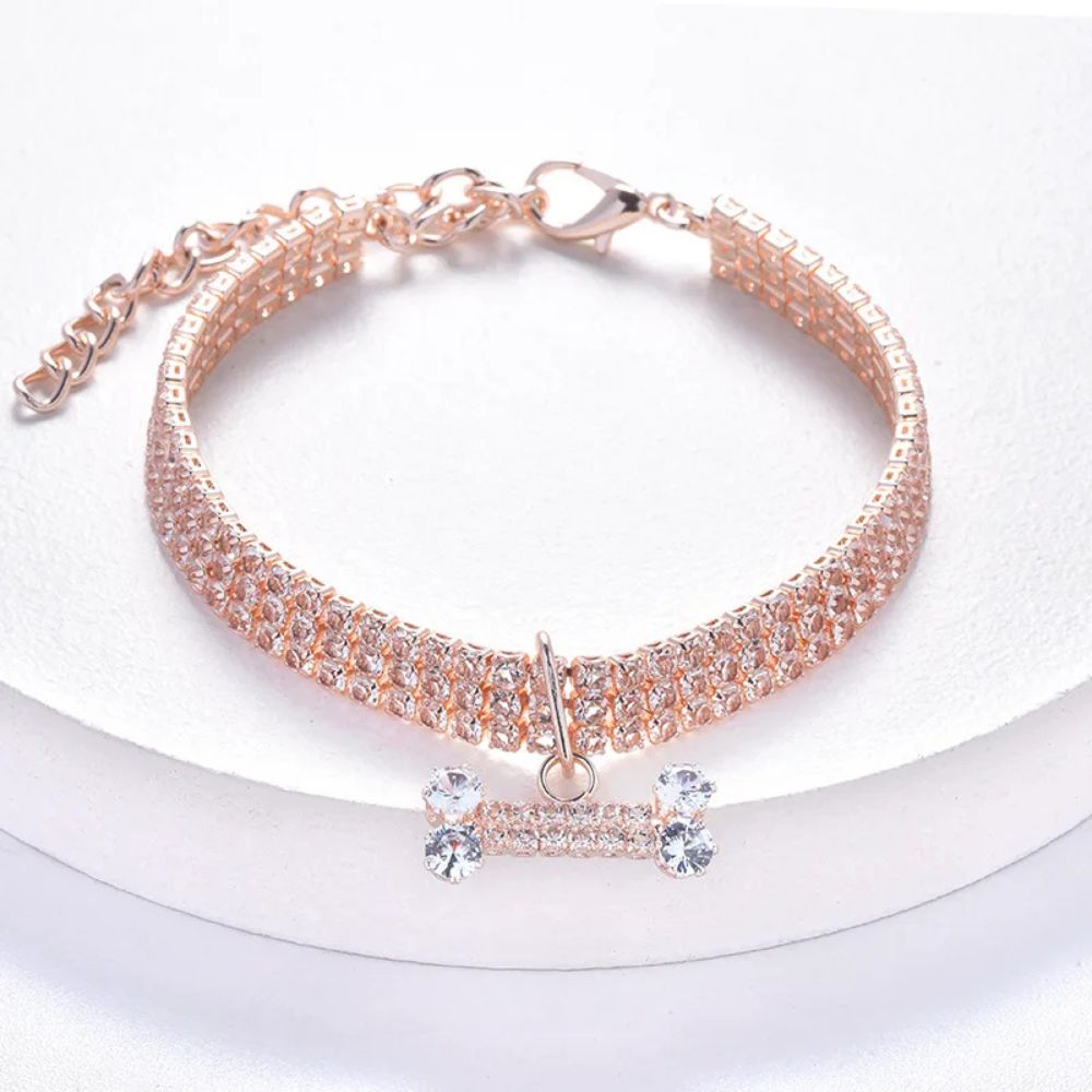 Collier chiot décoratif avec strass et pendentif, coloris or rose lumineux