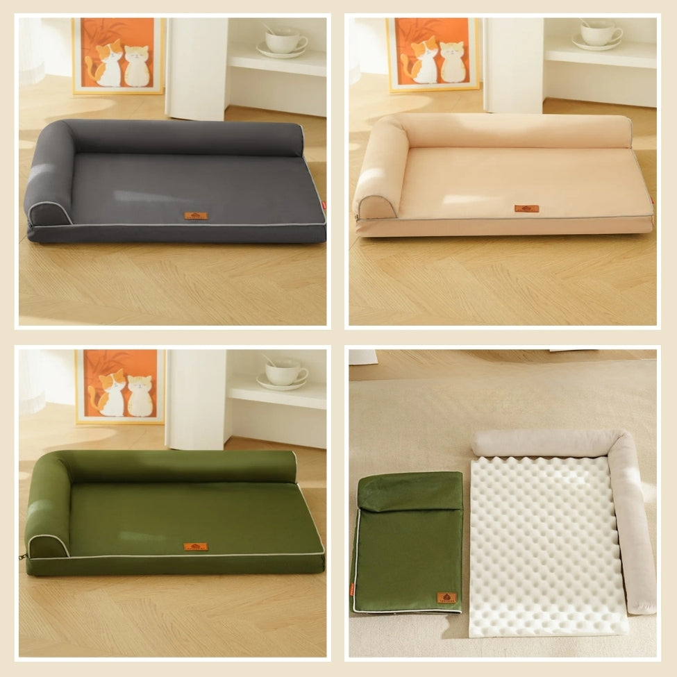 Couchage chien disponible en vert, gris et beige
