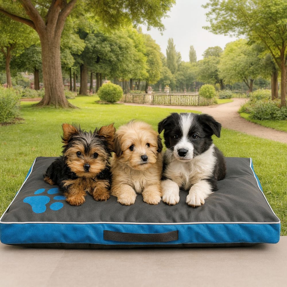 Trois petits chiots installés sur un coussin déhoussable pour chien bleu