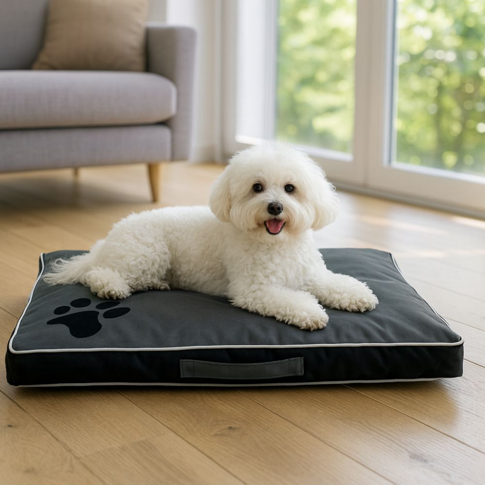 Coussin déhoussable pour chien moelleux offrant bien-être, confort et hygiène à un bichon blanc
