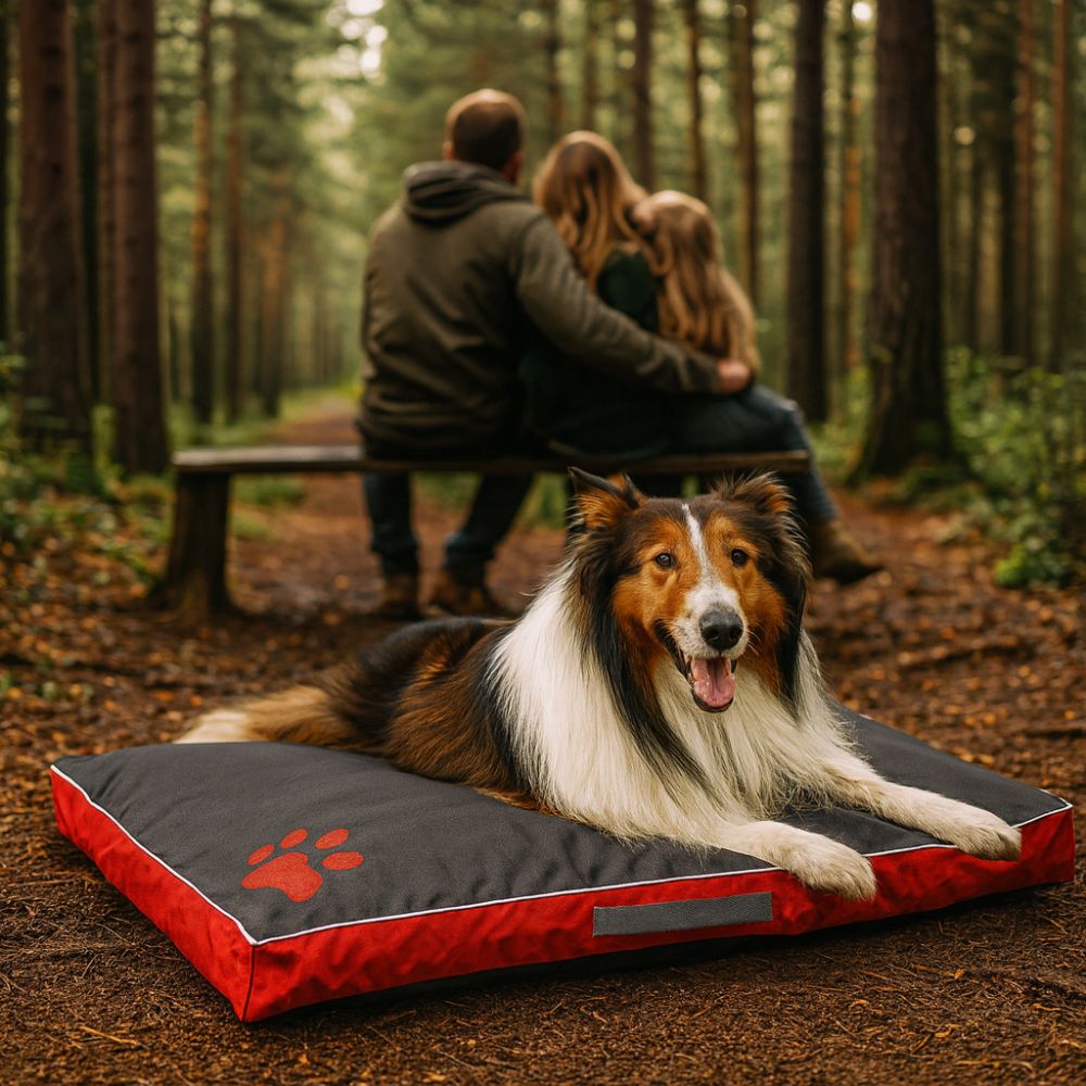 Colley allongé sur un coussin déhoussable pour chien dans la forêt, sa famille en arrière plan