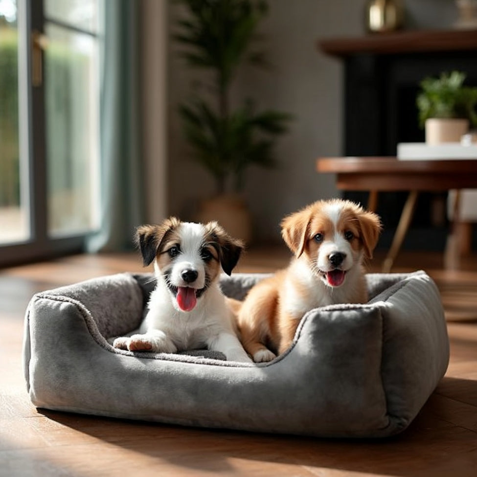 Deux chiots partagent un lit pour chien douillet, idĂ©al multiâchiens