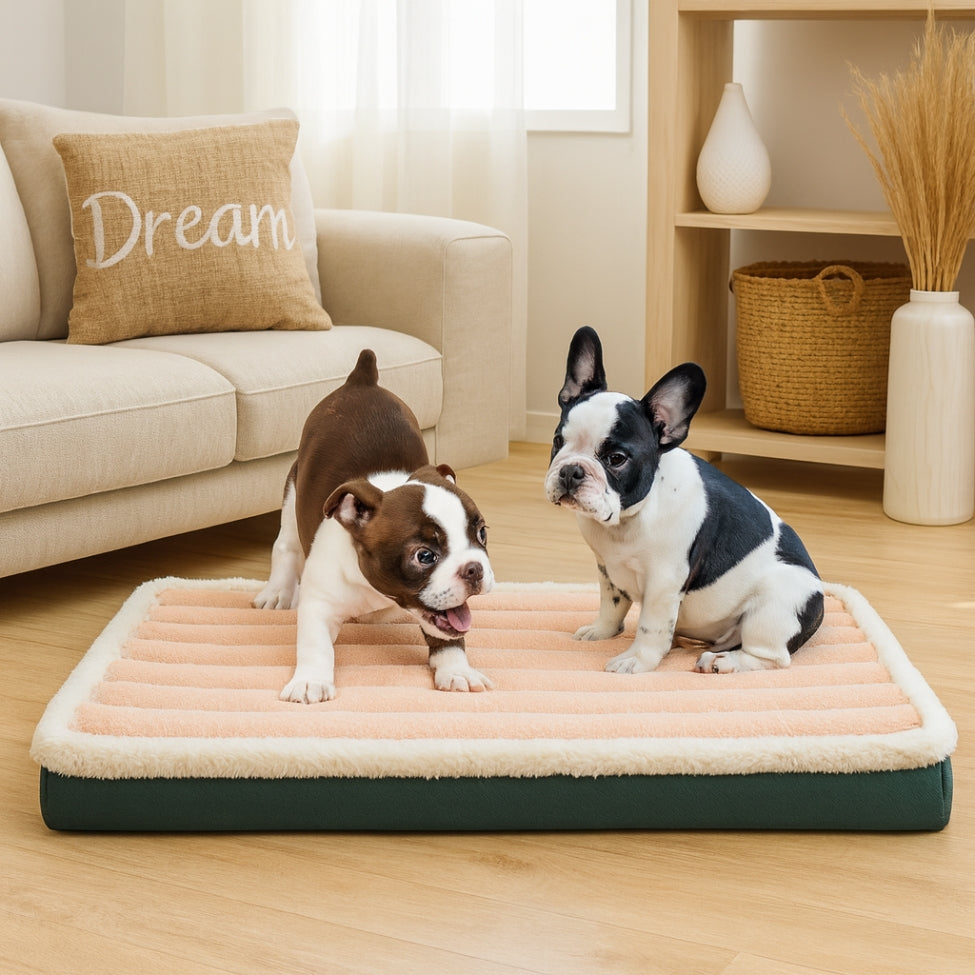deux petits bouledogues jouent sur matelas orthopedique chien