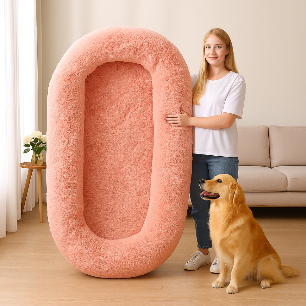 Golden se trouve prĂšs d'une fille qui tient debout un lit chien de grande taille rose
