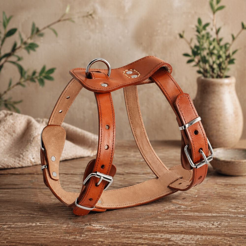 harnais cuir chien en cuir naturel présenté sur table avec finition haut de gamme et design robuste