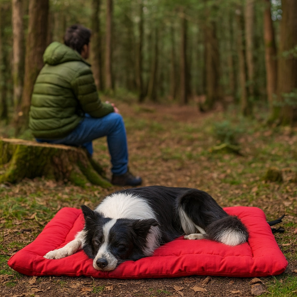 chien somnole sur son matelas pour chien en foret, son maĂźtre assis en arriĂšre-plan