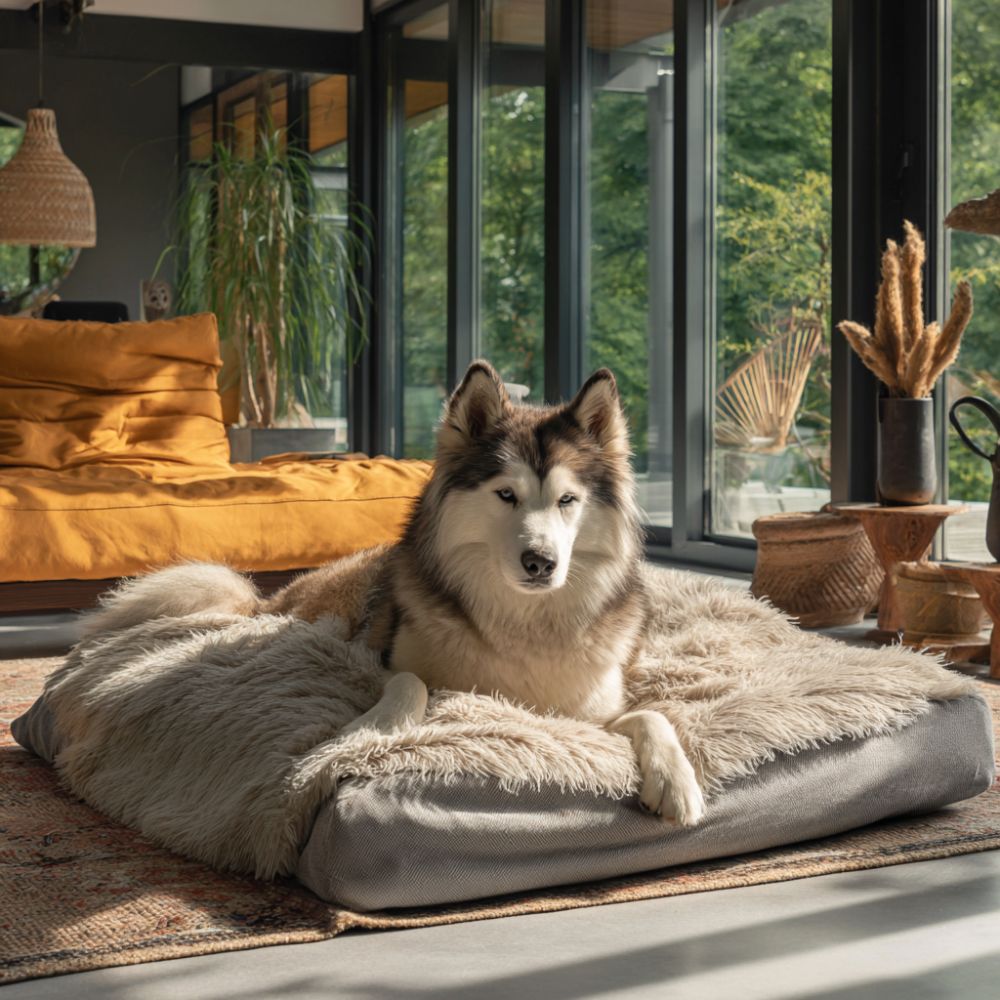 Husky confortablement installé sur un coussin pour chien spacieux