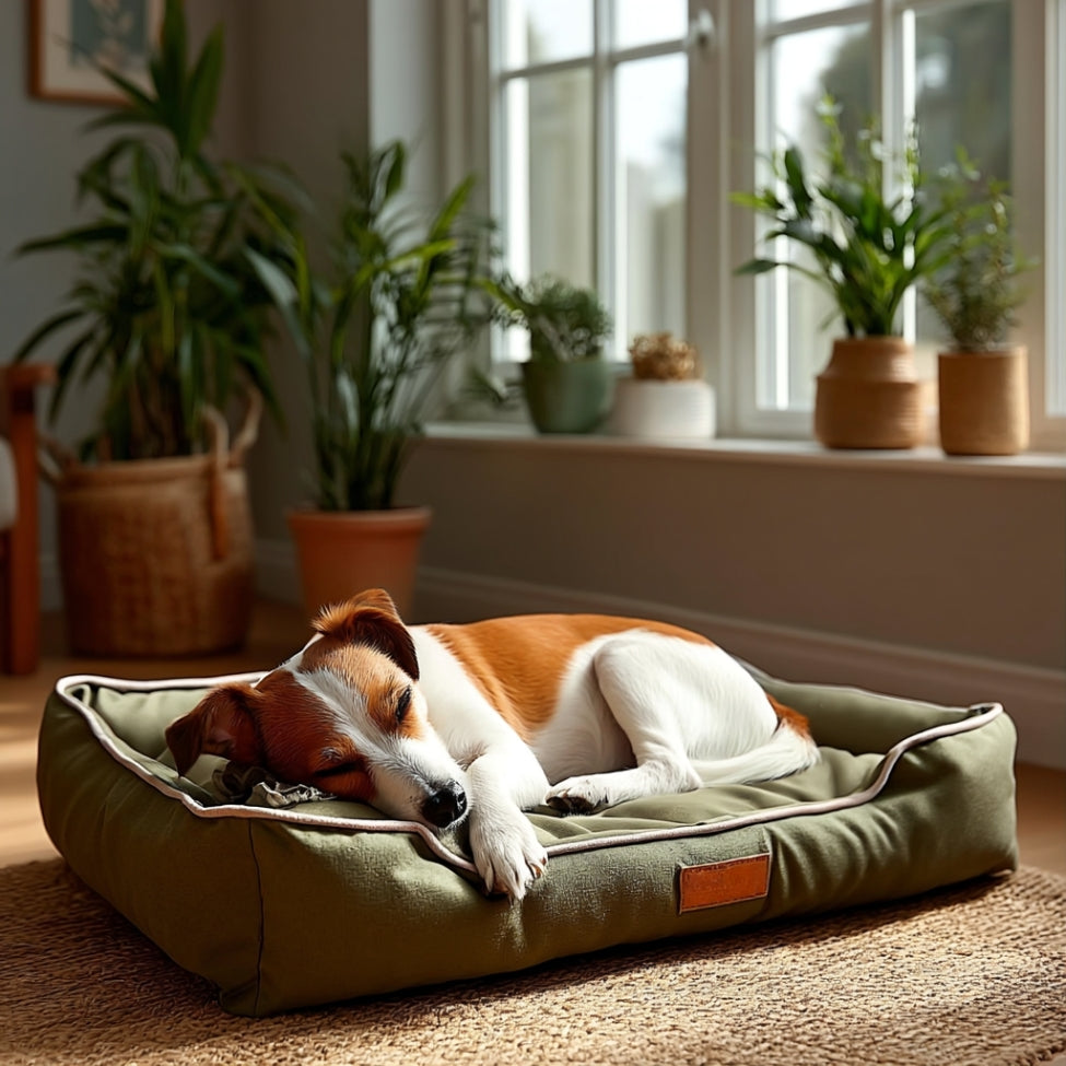 Jack Russell en train de dormir profondément sur un lit pour chien