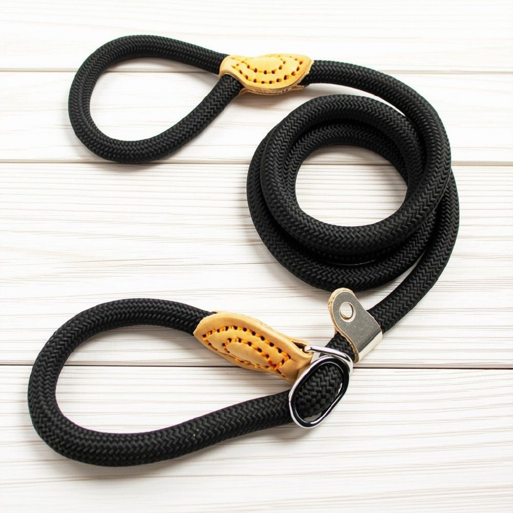 Laisse chien corde noire tressée avec boucles et renforts en cuir