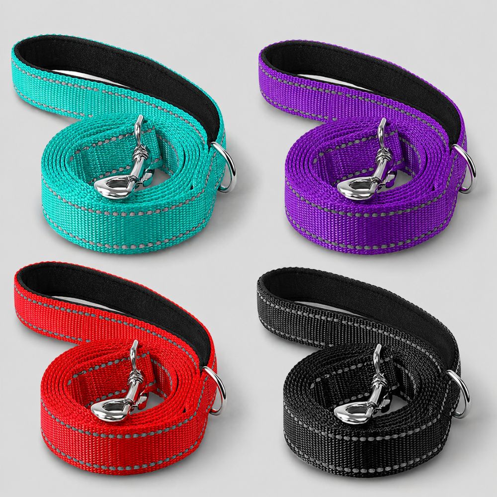 quatre modèles de laisse chien en turquoise violet rouge et noir sur fond gris clair