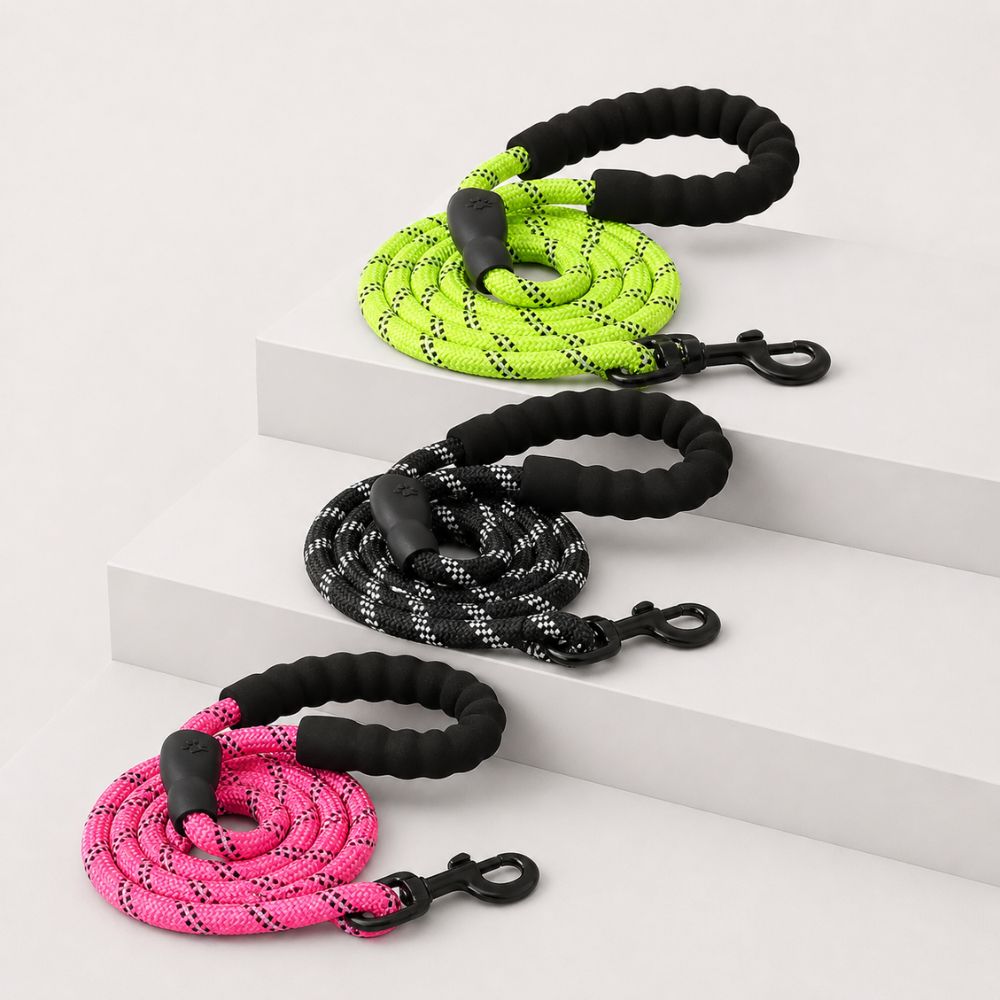 laisse de chien disponible en plusieurs couleurs rose noir et vert présentées ensemble