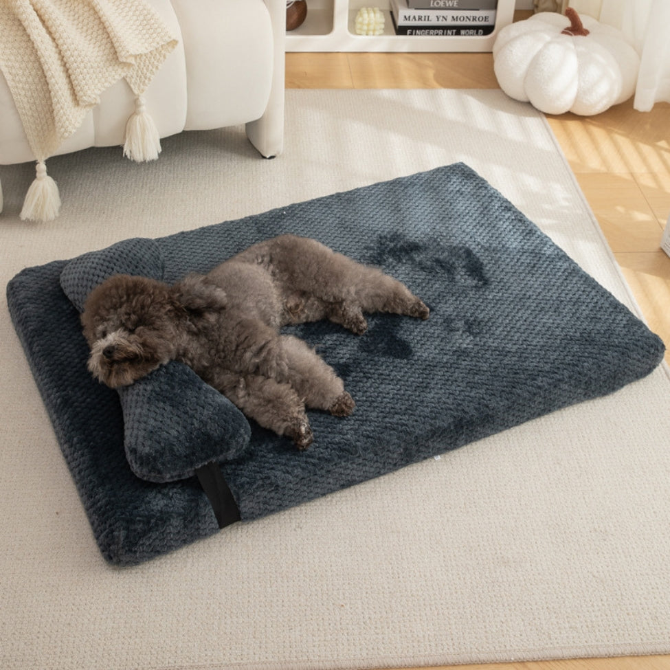 Caniche dort paisiblement sur son lit orthopédique chien gris