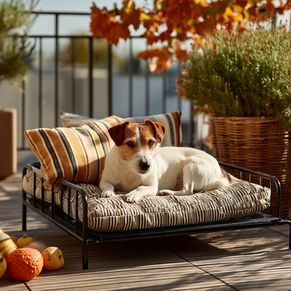 Jack Russell Terrier installé confortablement sur un lit pour chien sur la terrasse