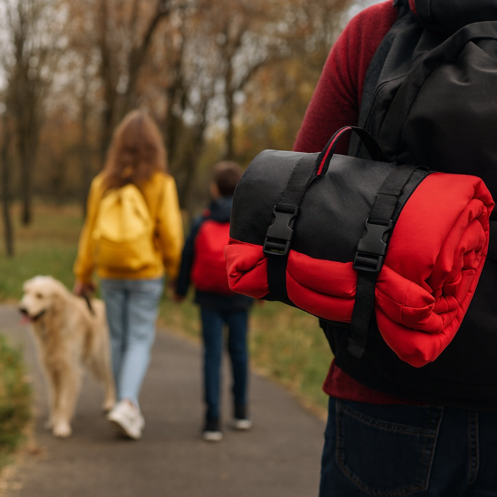 Famille avec golden retriever en promenade, sac Ă dos avec matelas pour chien