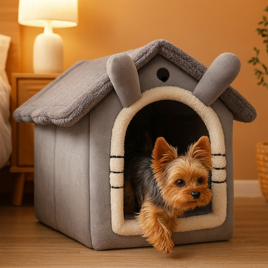 Petit Yorkshire rassuré, sort de sa niche pour chien intérieur