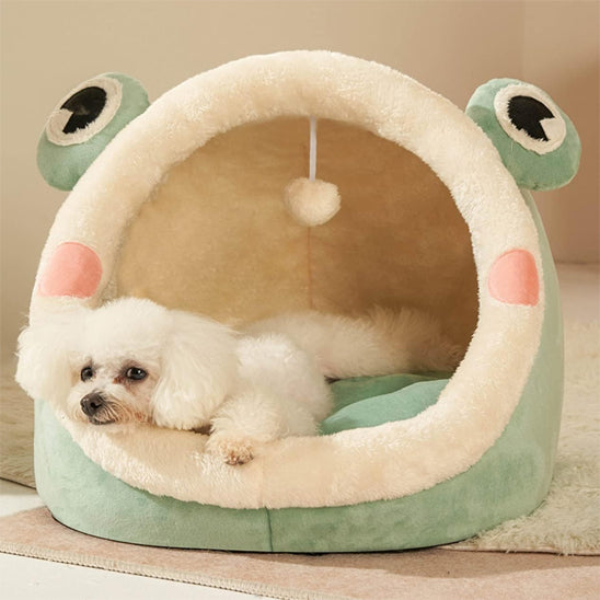 Niche pour chien intérieur design en forme de grenouille, refuge confortable du petit caniche