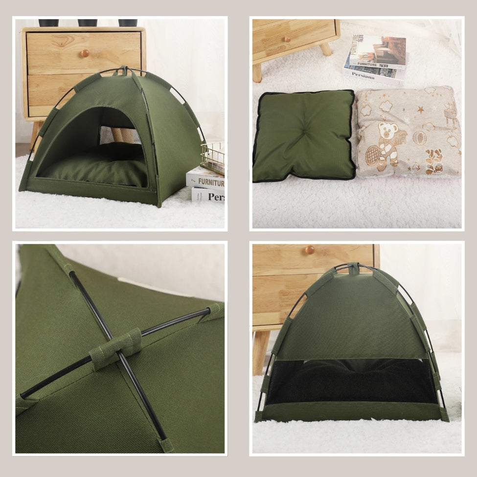 Niche pour petit chien design en tissus vert, modĂšle pliable, avec coussin, sans chien
