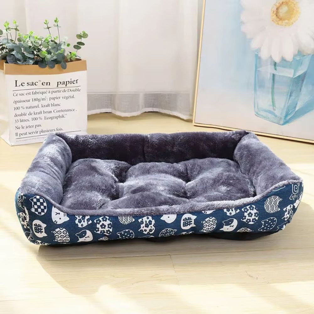 Panier à chien bleu en tissu imprimé, style joyeux