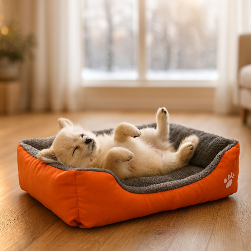 Petit chiot blanc dort confortablement dans son panier chien, pattes en l’air