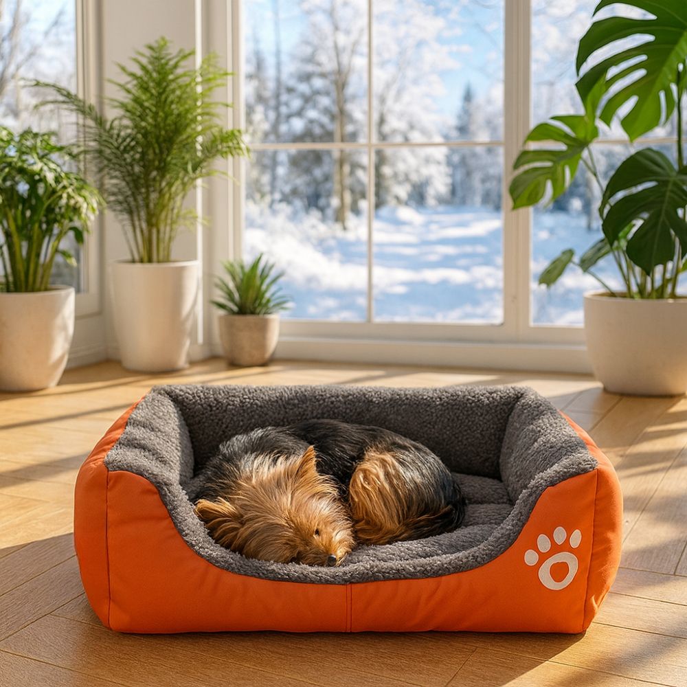 Mini yorkshire roulé en boule, dort paisiblement dans un panier chien orange