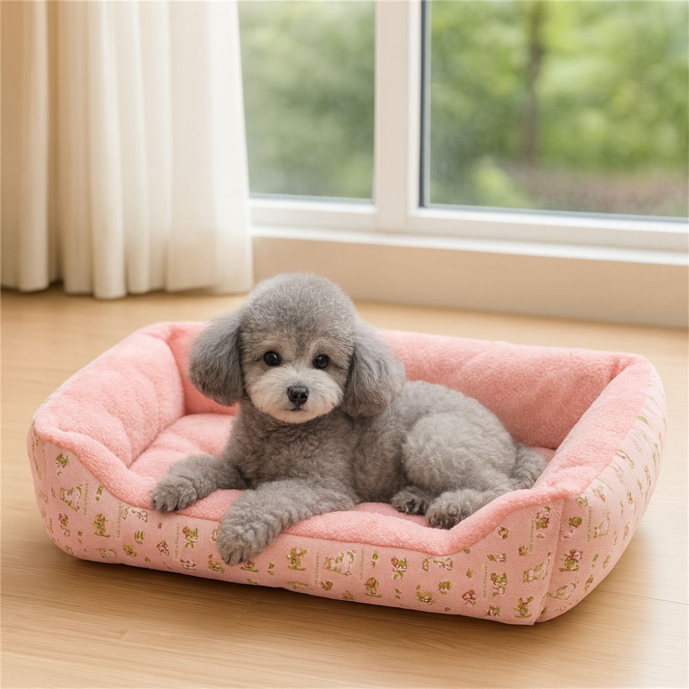 Caniche dans un panier chien rose, regard droit et calme