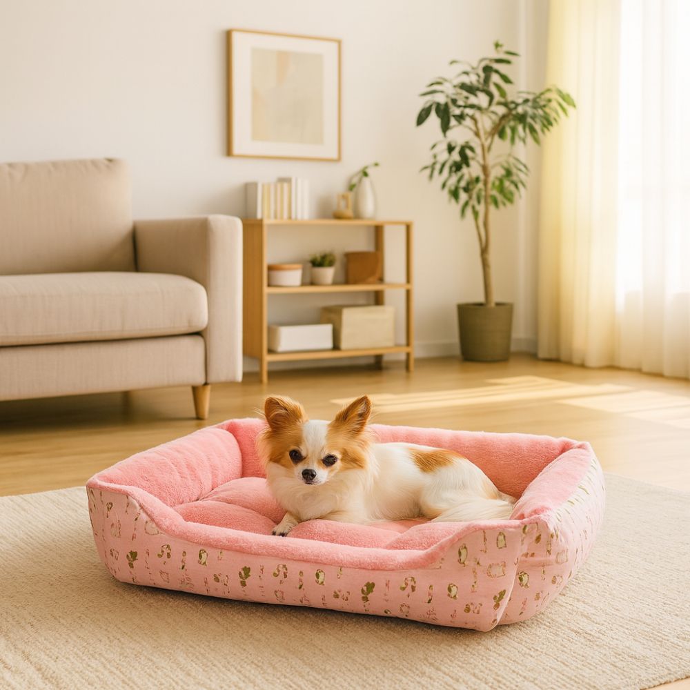 Chihuahua dans un panier chien rose, salon ensoleillé et chaleureux