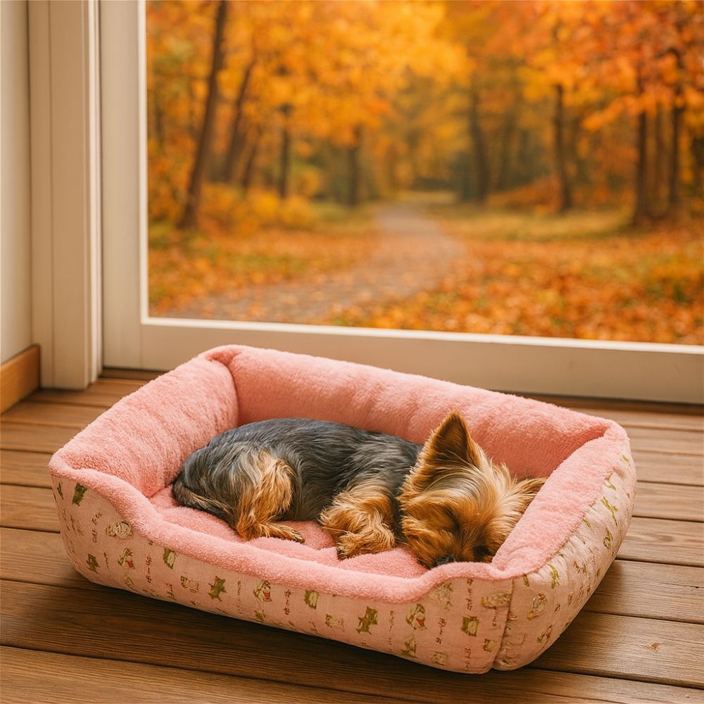 Yorkshire posé dans un panier chien rose sur véranda, vue sur la nature