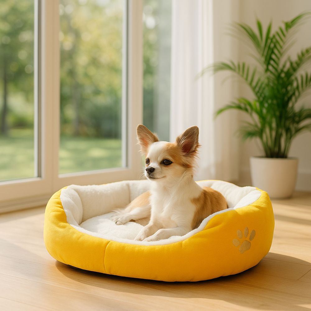 Chihuahua se détend dans un panier pour chien jaune, vue sur le jardin