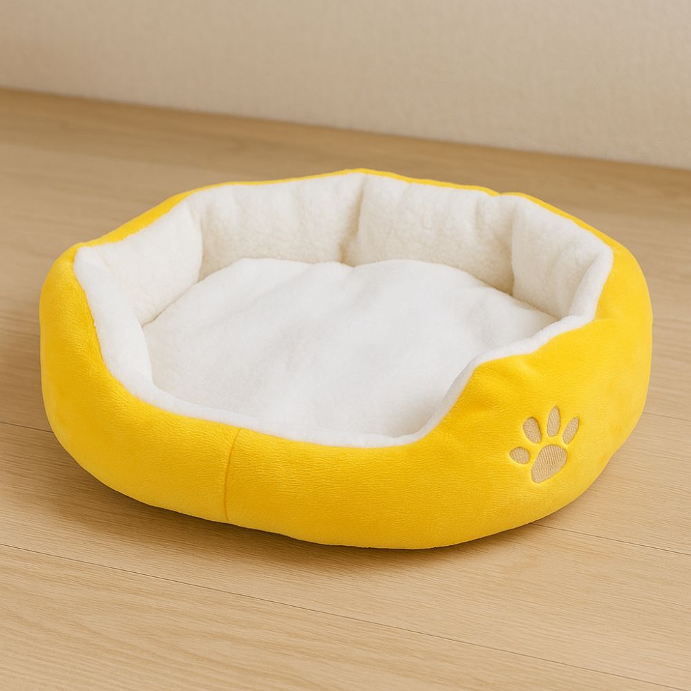 Panier pour chien jaune lumineux, intérieur laine blanche cocoon