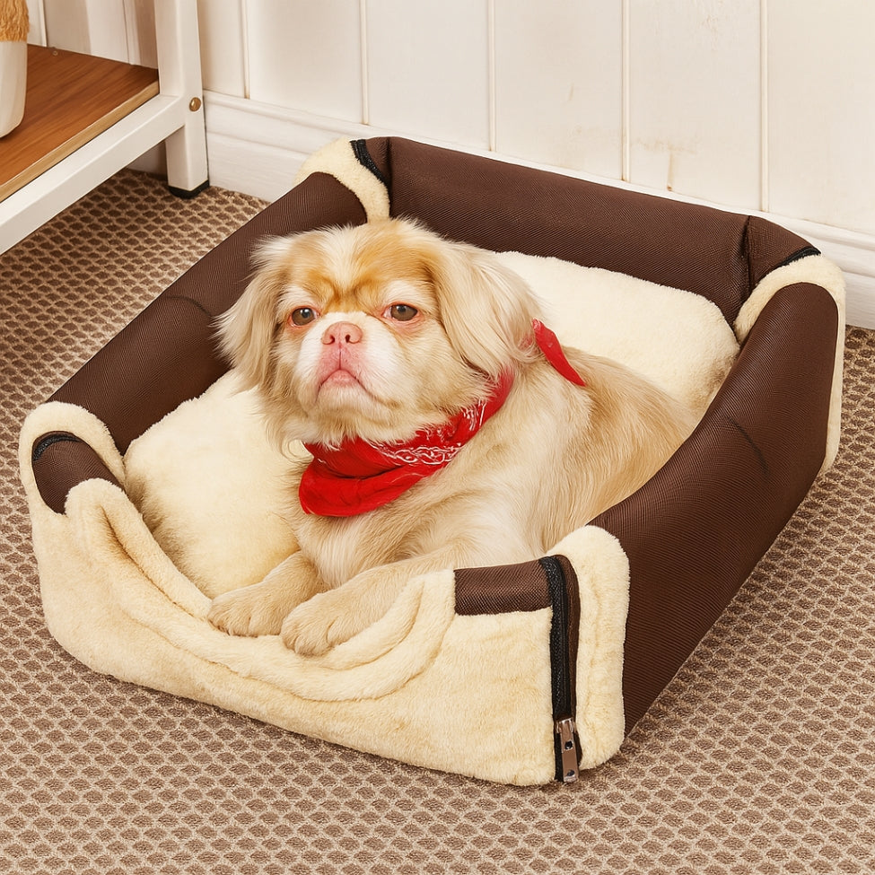 Pékinois assis dans sa niche pour chien intérieur polyvalente