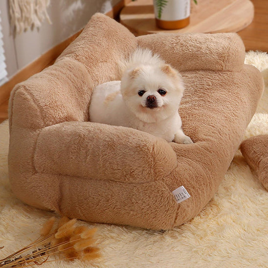Petit poméranien installé sur un canapé pour chien Cosysofa chaud et protecteur