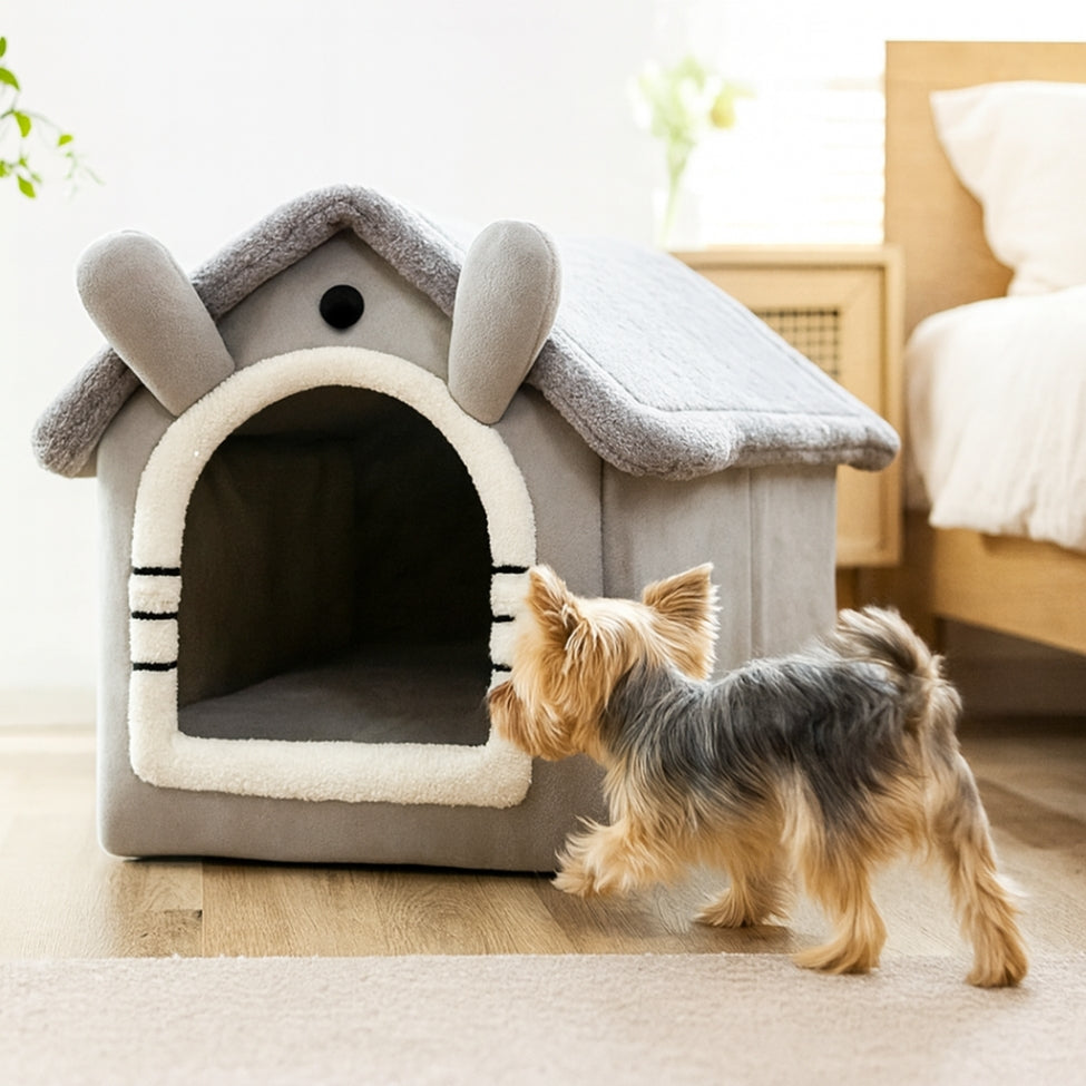 Un petit Yorkshire découvre sa niche pour chien intérieur pour se réfugier