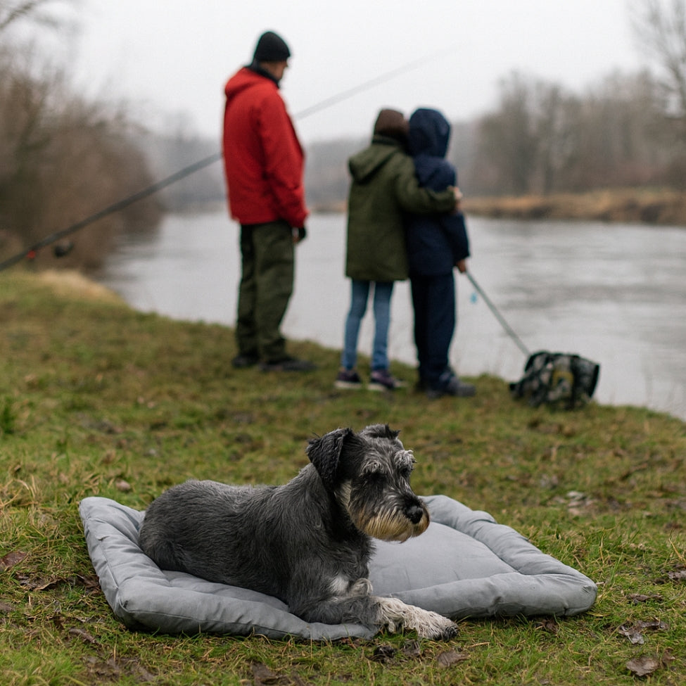 Schnauzer allongĂ© sur matelas pour chien, sa famille pĂȘche en arriere plan