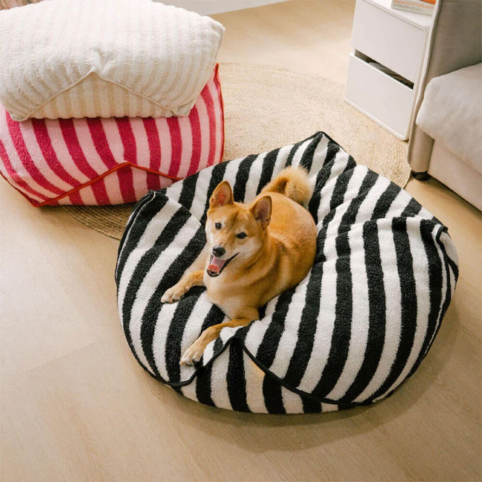 Shiba allongé sur un coussin pour chien déhoussable disponible en trois couleurs